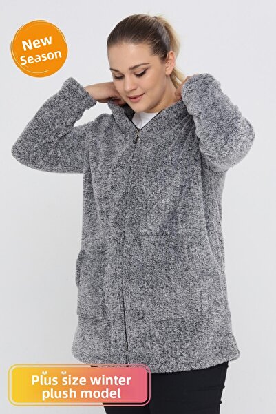 tarzımsüper Πλεκτό βελούδινο φλις φούτερ με κουκούλα με φερμουάρ και 2 τσέπες