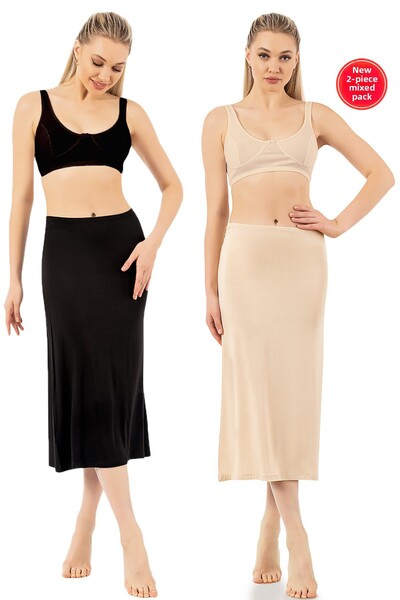 ÖZKAN underwear Özkan 26975 2'li Πακέτο Γυναικείο ύφασμα βισκόζης Μαύρο δέρμα Φόρεμα μακριά φούστα κάτω από το γόνατο Φόδρα κάτω φούστα Kombinezo