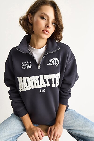 Bianco Lucci Women's Embroidered Half-Zip Polo Neck Ribbed Oversize Sweatshirt 10002 60283528