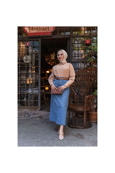 VELLICHOR Fusta din denim arcuită cu țesătură naturală Albastru deschis