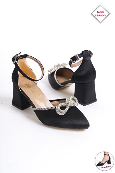 BAKGİY Detailní dámské boty na podpatku Rozza Black Satin Jeweled Mašle Bg1042-119-0019