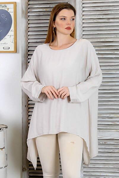 Chiccy Italian Beige Round Neck Long Sleeve Casual Linen Blended Asymmetrical Knitted Tunic