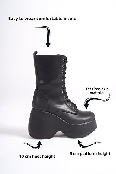 Limeo Μαύρο δερμάτινο πλαϊνό φερμουάρ με κορδόνια ψηλοτάκουνα εποχιακά γυναικεία μακριά μποτάκια