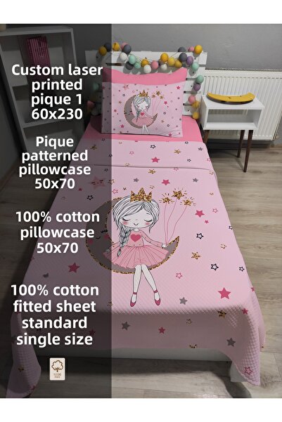 yok yok evim eve dair her şey 4 Piece Girl Sitting on the Moon Patterned Single Pi̇ke Bedspread Set with Elastic Sheets
