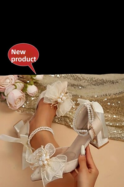 Modavien Women's Beige 5 cm Pearl Bridal Shoes