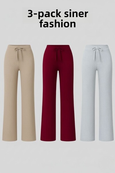 Siner Fashion Women's 3-Piece Ribbed Wide Leg Comfortable Casual Trousers