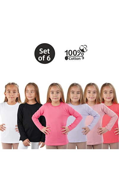 Lovella 6 darabos Uzunkol Crew Neck szezonális pamut póló szett (fehér gránátalma fekete rózsaszín púder lila)