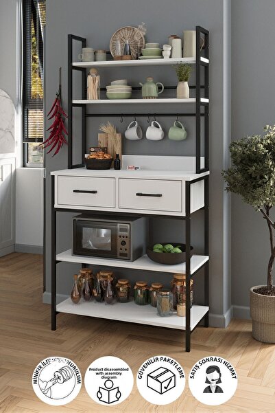 Bofigo حامل مطبخ مع درجين و 5 رفوف، رف مطبخ زاوية القهوة، بار مطبخ أبيض