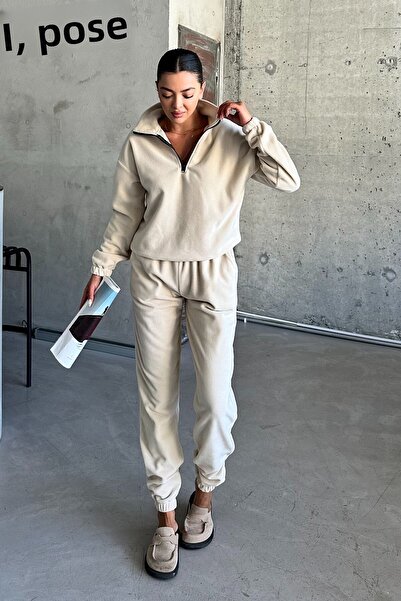 MODAGEN Beige Unisex Fleece Tracksuit Set - Stand Collar and Half Zipper