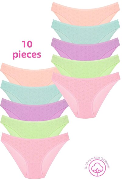 Newlilla 1501 Heart Patterned 100% Cotton Pack of 10 Women's Bikini Panties