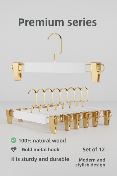 Onouqo White Wooden Hanger Clothes and Skirt Hanger Special Series Gold American Hook 12 Pieces