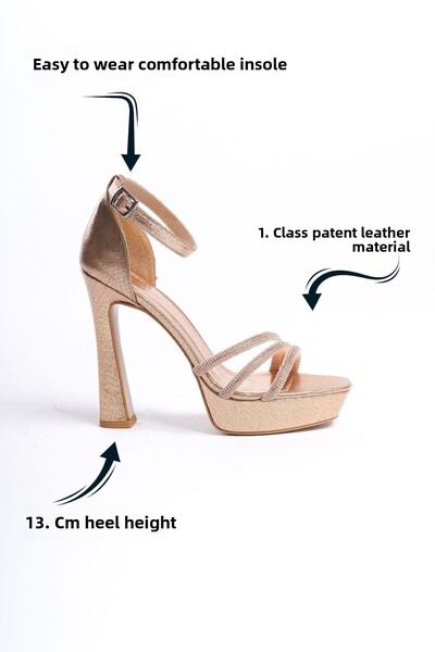 Limeo Gold Shiny Stoned Three-Stripe Buckle Thin High Heeled Women's Evening Dress Shoes