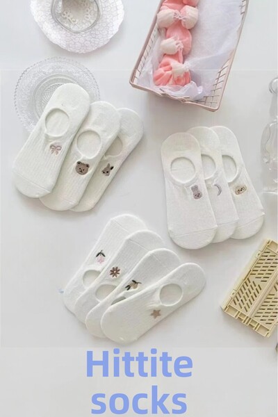 Hitit Socks Dámské 10 párů prémiových neviditelných balerínových ponožek s květinovým a zvířecím vzorem Candy White