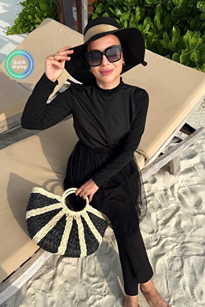 Ka Hijab Full Covered 2-Piece Hijab Swimsuit with Tulle Skirt - Black