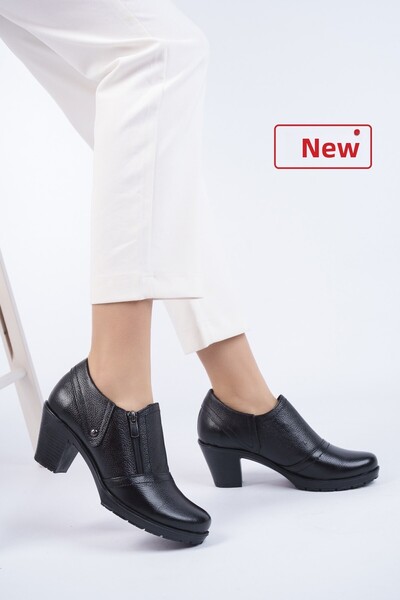 Deripabuc Genuine Leather Black Women's Leather Classic Heeled Shoes Dp37-1104