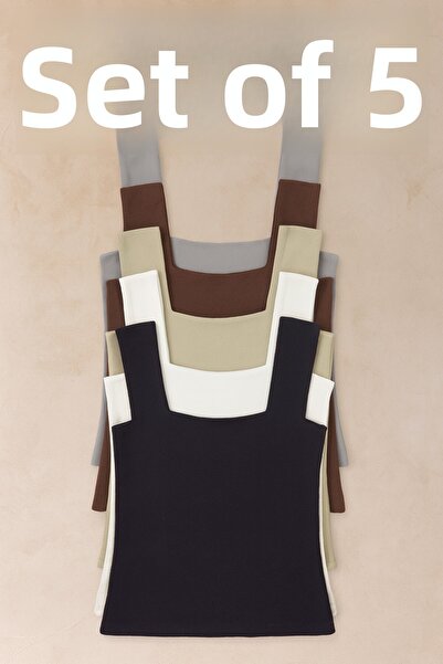 H&A İSTANBUL بلوزة نسائية بدون أكمام، قميص داخلي بحزام سميك، ياقة مربعة صيفية رفيعة، مجموعة من 5 قطع