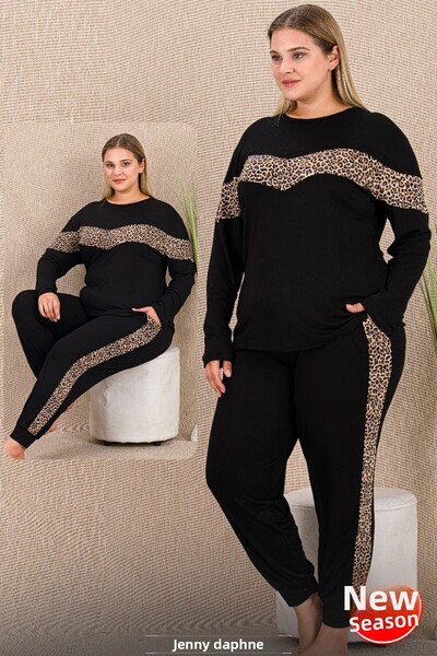 Jenny Daphne Leopard Print Cuffed Long Sleeve Pajamas with Crew Neck Viscose Fabric Pajama Set 11419