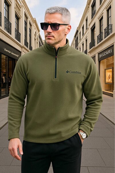 COMBİNE MİCHAİL Men's Half Zipper Khaki Slim Fit Fleece Sweatshirt