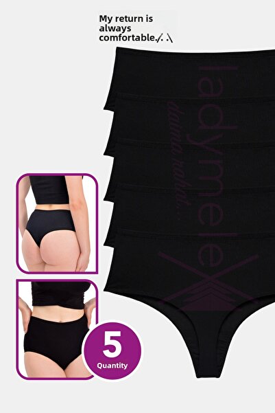 LadyMelex Tanga de damă cu talie înaltă - bumbac, pachet de 5 (S-M-L-XL), negru