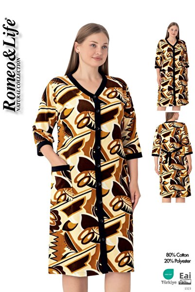 ROMEO LİFE Women's Plus Size Cotton Blend Velvet Buttoned Dress / Coffee-Cream 1015