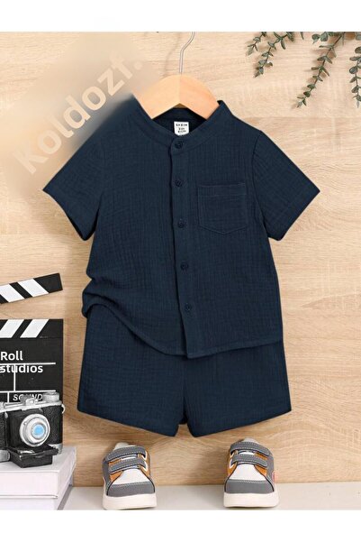 Bubito Stylish Cotton 2-Piece Summer Shorts Set with Muslin Pockets - Navy Blue