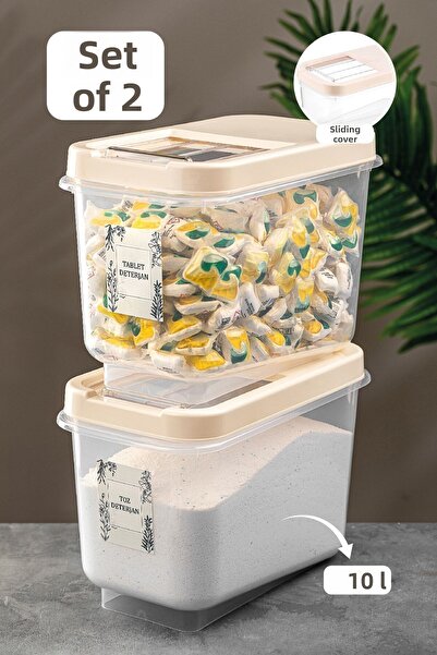 Meleni Home 10 Lt 2-Piece Tablet Detergent Storage Set with Sliding Lid - Labeled Cream Detergent Fixator