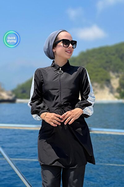 Ka Hijab Sequin Detail Full Covered 2-Piece Hijab Swimsuit - Black