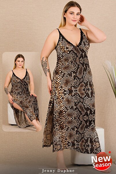 Jenny Daphne Viscose Mother Dress - Snake Pattern Slit Thin Strap Sleeveless Nightgown 7285