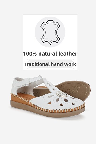 TUNAELLİ White Leather Women's Sandals - Size 35-41-42, Strapped, Flat Padded, Heeled, Side Open