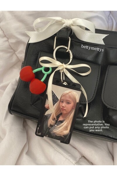 bettymettys Suport pentru card foto cu breloc mare cu cireșe și fundă, breloc...