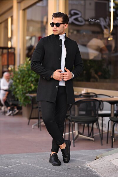 Mero Life Ανδρικό μαύρο παλτό με γραμματόσημα νέας σεζόν