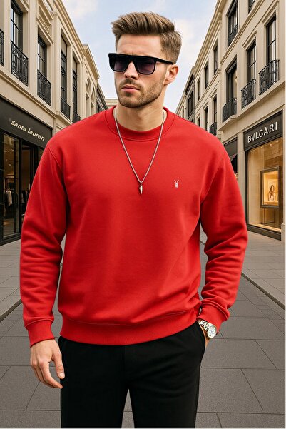 COMBİNE MİCHAİL Red Color Basic Crew Neck Relaxed Regular Men's Sweatshirt