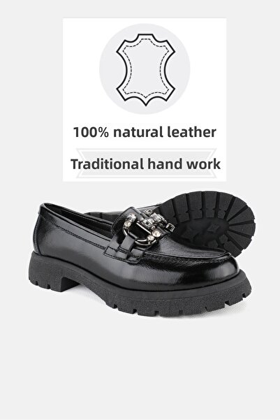TUNAELLİ Черни лачени мокасини с камъни - естествена кожа, размер 36-41, дамски обувки