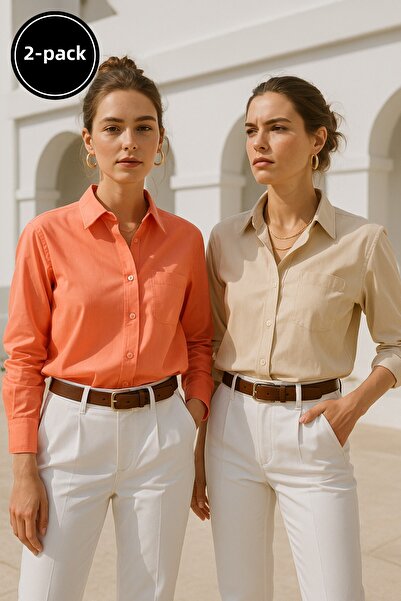 Rich Γυναικείο πουκάμισο με λεπτομέρεια τσέπης από ποπλίνα, λουλούδι ρόδι-εκρού, 2 συσκευασίες