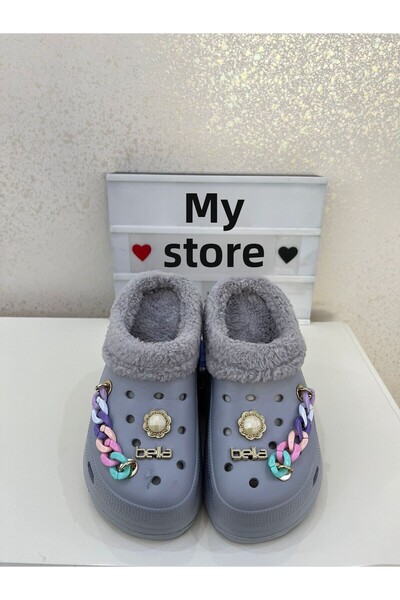 Akınal Bella Dámské zimní pantofle ledově šedé s řetízkem