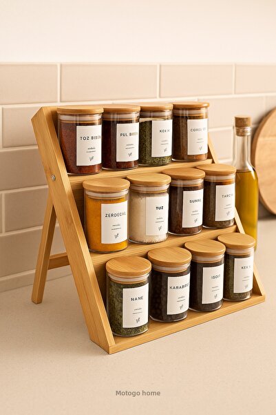 Mottogo 12-Piece Vacuum Spice Rack Set 200 ml – Drawer & Countertop – Bamboo with 3-Tier Ladder Stand
