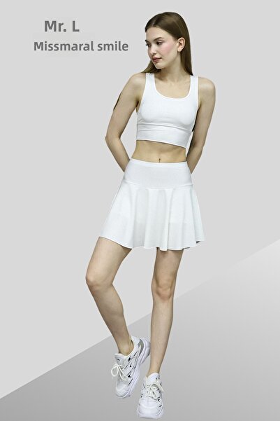 missmaral Fusta albă cu pantaloni scurți - Top de plajă cu talie înaltă cu pantaloni scurți, fustă și tenis 1101