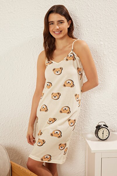 Trendyol Collection Ecru 100% Cotton Animal Single Jersey Knitted Nightgown Thmss25Gc00012