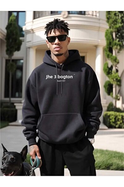 caddekombin The Boston Est Printed Hooded Pocket Black Sweatshirt with Wool Inside