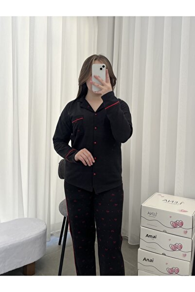 Lena Homewears Černá vaflová prémiová pyžamová souprava se vzorem červené mašle