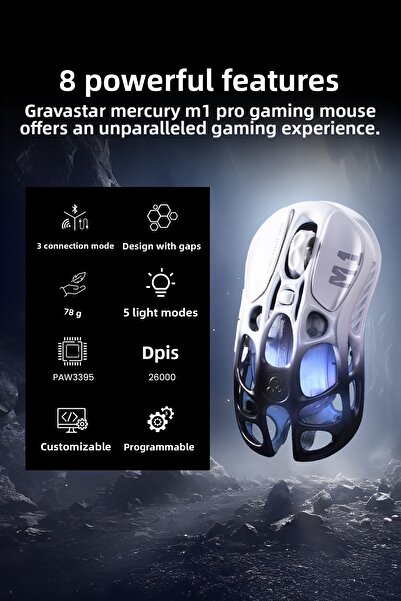 Gravastar GravaStar Mercury M1 Pro Wireless Gaming Mouse, 26K DPI, PAW3395DM,5 Buttons,200H Battery, BT/Wired
