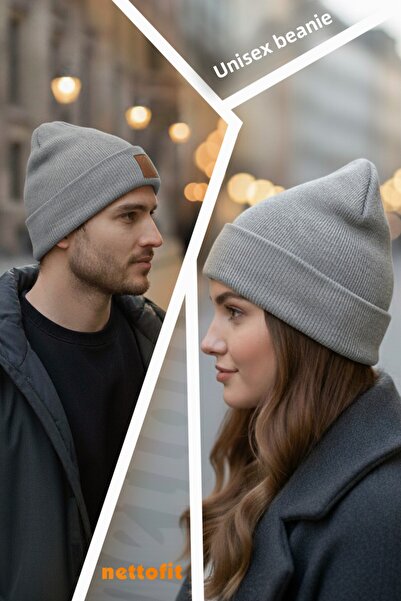 nettofit Unisex Winter Leather Label Detailed Gray Melange Wool Beret