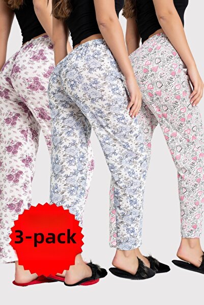 DONEX 3-Pack Cotton Thin Breathable Fabric Ribbon Waist Detail Printed Women's Sleepwear Bottom Pack Without Pockets