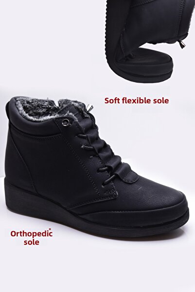 ISPARTALILAR 210 Cizme ortopedice din cauciuc cu șireturi și blană în interior, cizme negre pentru femei