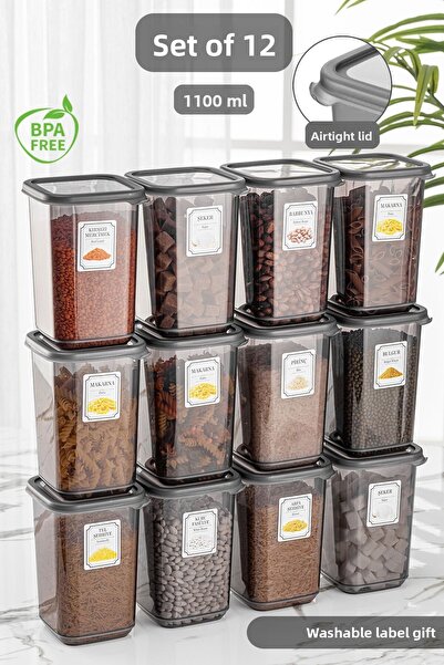 Meleni Home مجموعة من 12 حاوية تخزين مربعة بغطاء مانع للتسرب من ميلي أنثراسيت 12 × 1.10 لتر مع ملصق