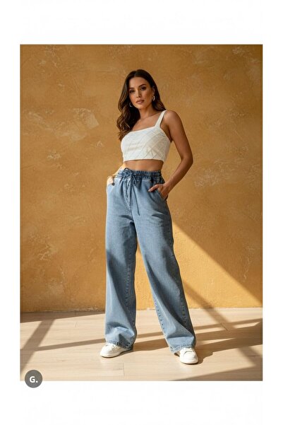 geenz manifacture Women's Lace-Up Elastic Waist Light Blue High Waist Wide Leg Loose, Loose Palazzo Jean Pants