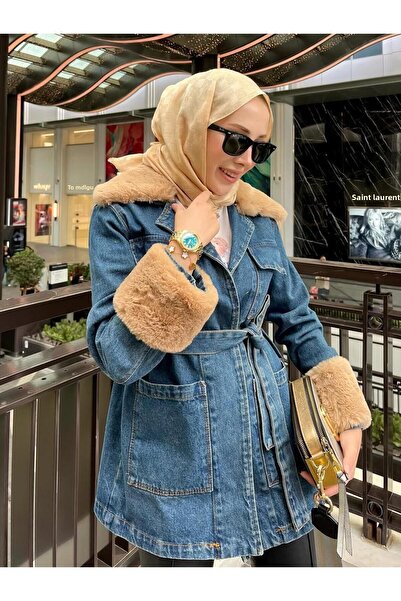 Hb Harma Time Butik Women's Belted Fur Detailed Denim Blue Jacket