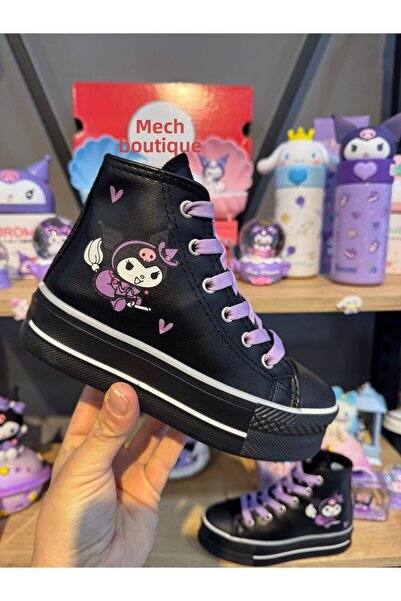 MECH BUTİK Kuromi černé kožené tenisky s vysokou podrážkou a potiskem, voděodolné, protiskluzové, s fleecem uvnitř