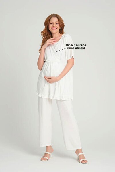 rimel Women's Morning Wear Flange Sleeve Double Breasted Maternity-Pregnancy Pajama Set