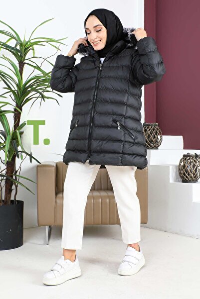İmajButik Black Plus Size Hooded Short Puffer Coat